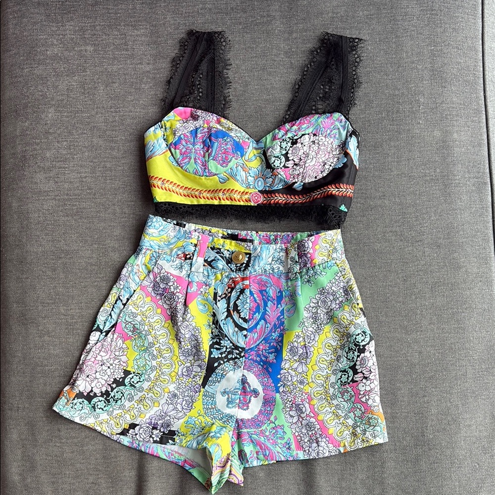 Colorful Patterned Crop Top and Shorts Set Versace inspired